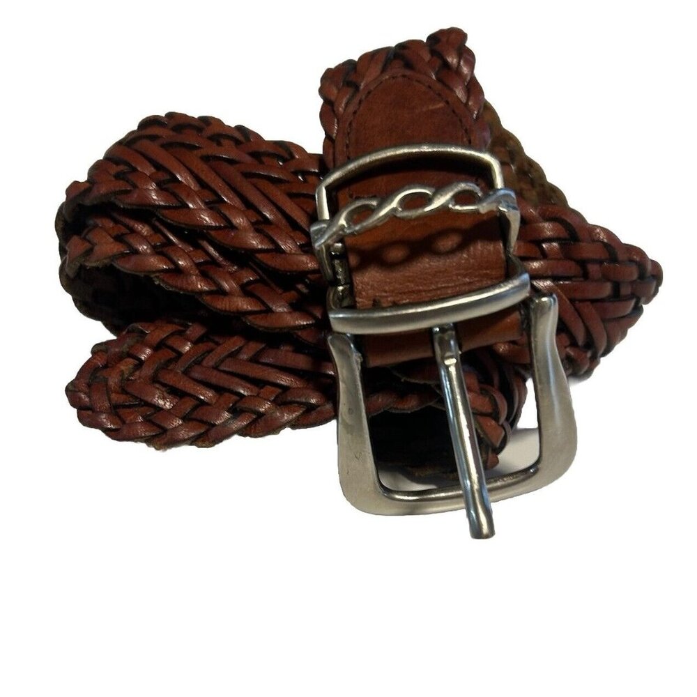 Genuine Leather Braided Brown Silver Buckle Belt Women Small Woven Western 34” L